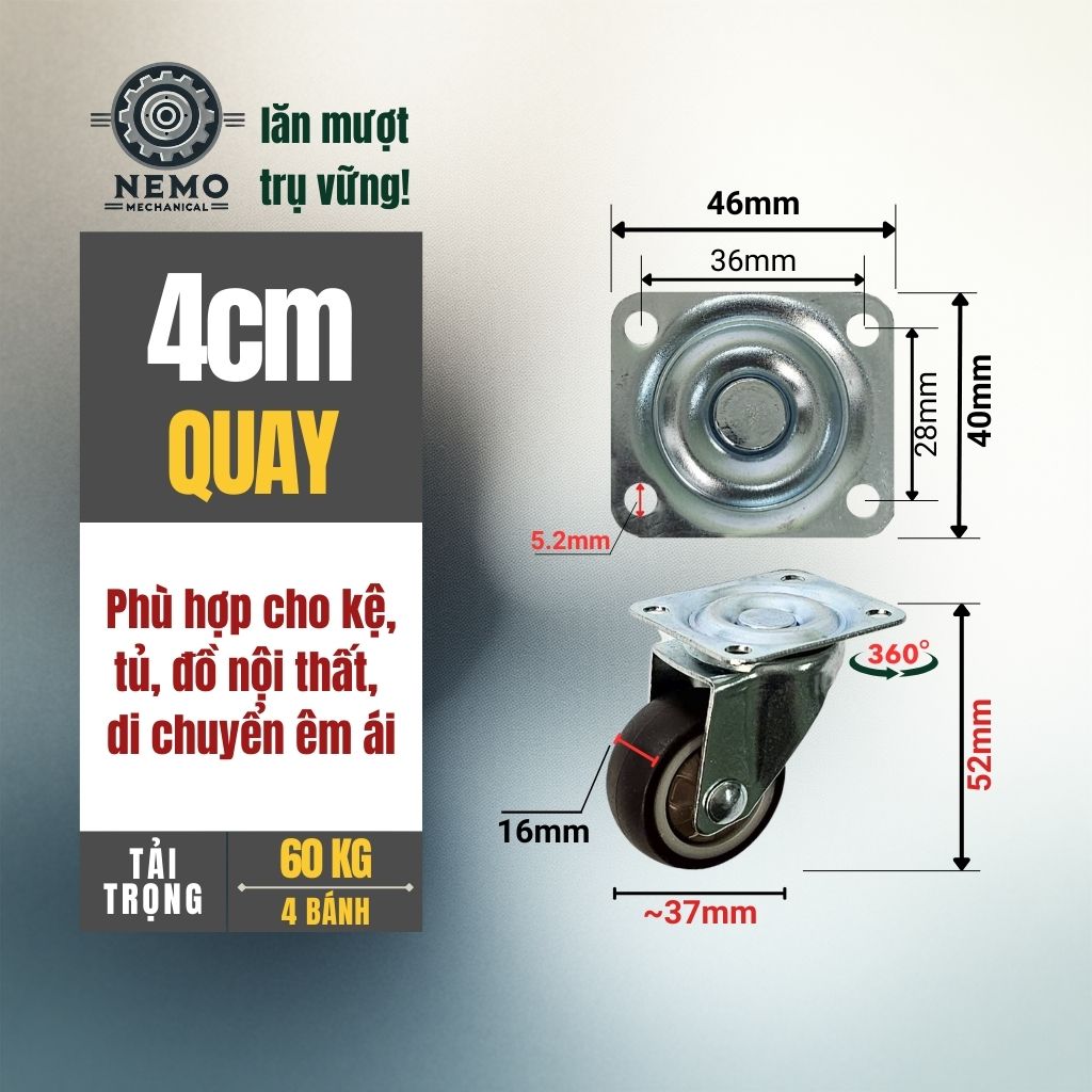 Bánh Xe TPR Nội Thất Cao Cấp – Chống Ồn, Không Xước Sàn (D40, D50)